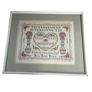 True Love Sampler Cross Stitch Framed Country Cottage Core Floral 18.75x15.75